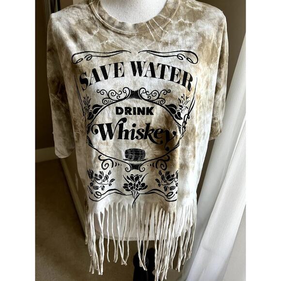 Fifth Sun Save Water Drink Whiskey fringed short sleeve tee size XL - Picture 3 of 4